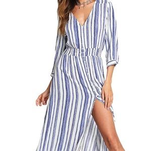 Milumia Women's Stripe V Neck Half Sleeve Split Button Up Party Maxi Dress